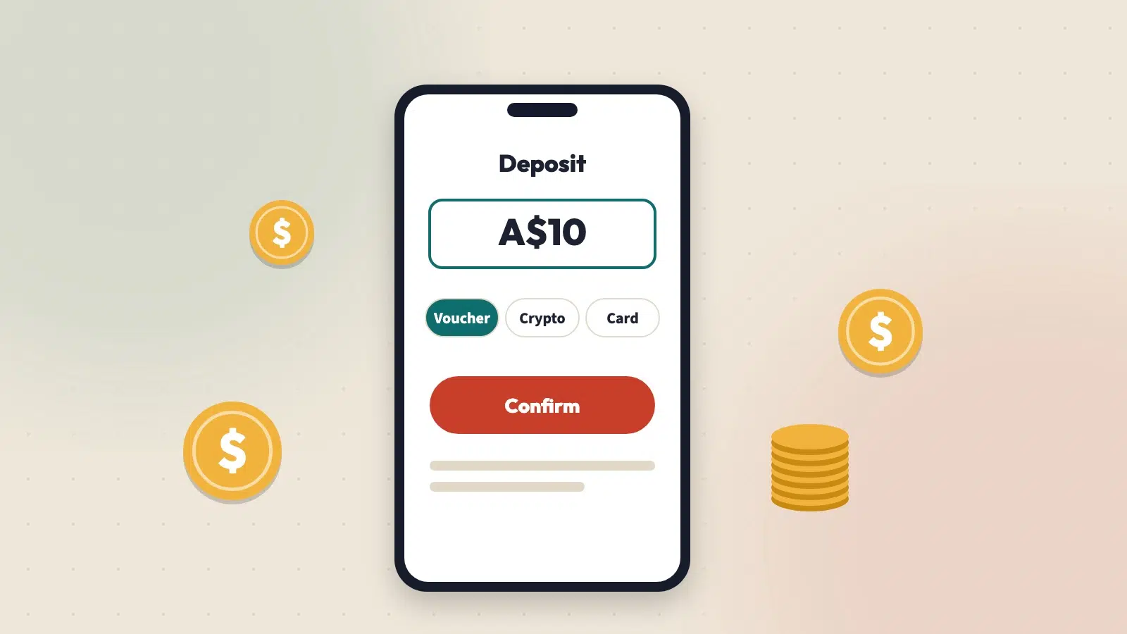 Phone showing a casino cashier with a small deposit entered